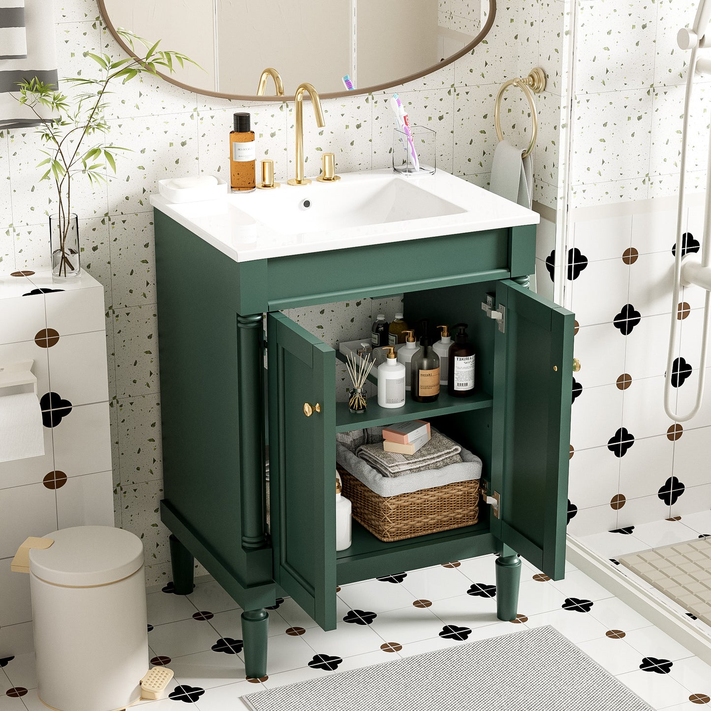 24-Inch Green Bathroom Vanity with Ceramic Sink & Storage