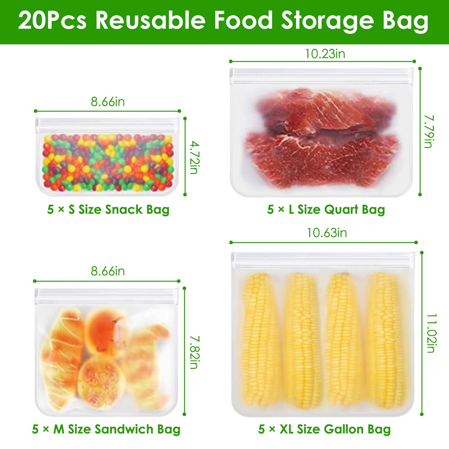 20 Pcs Reusable Food Storage Bags - Leakproof & BPA Free