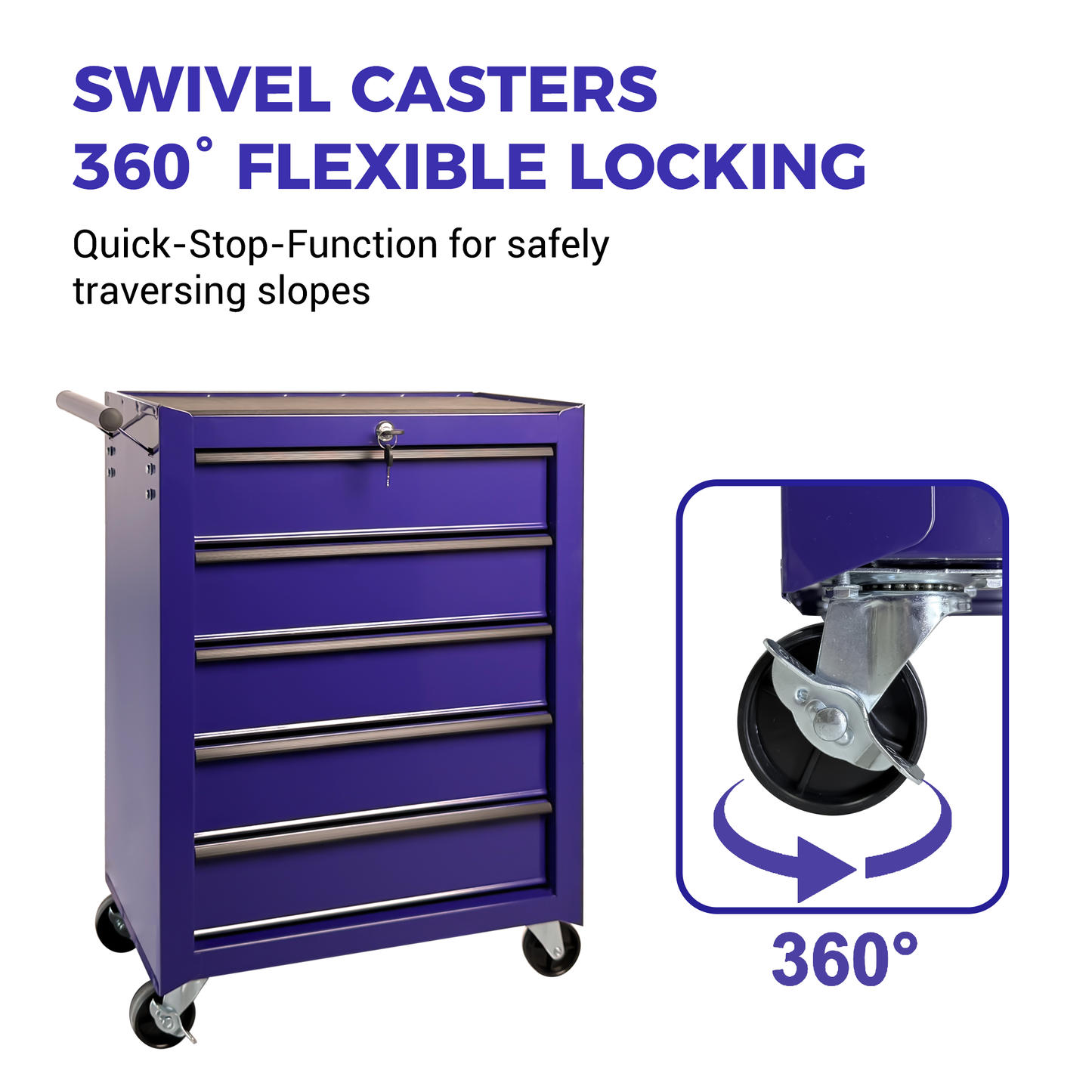 5 Drawer Steel Rolling Tool Chest - Garage & Workshop Storage - Purple