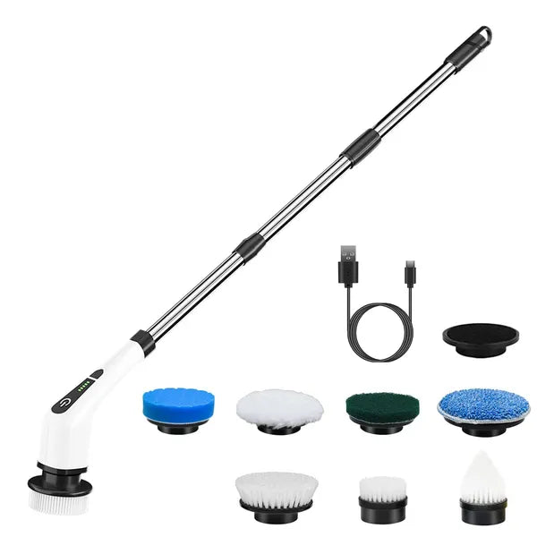 Electric Spin Scrubber Cordless Cleaning Brush with 8 Replacement Heads & Adjustable Extension
