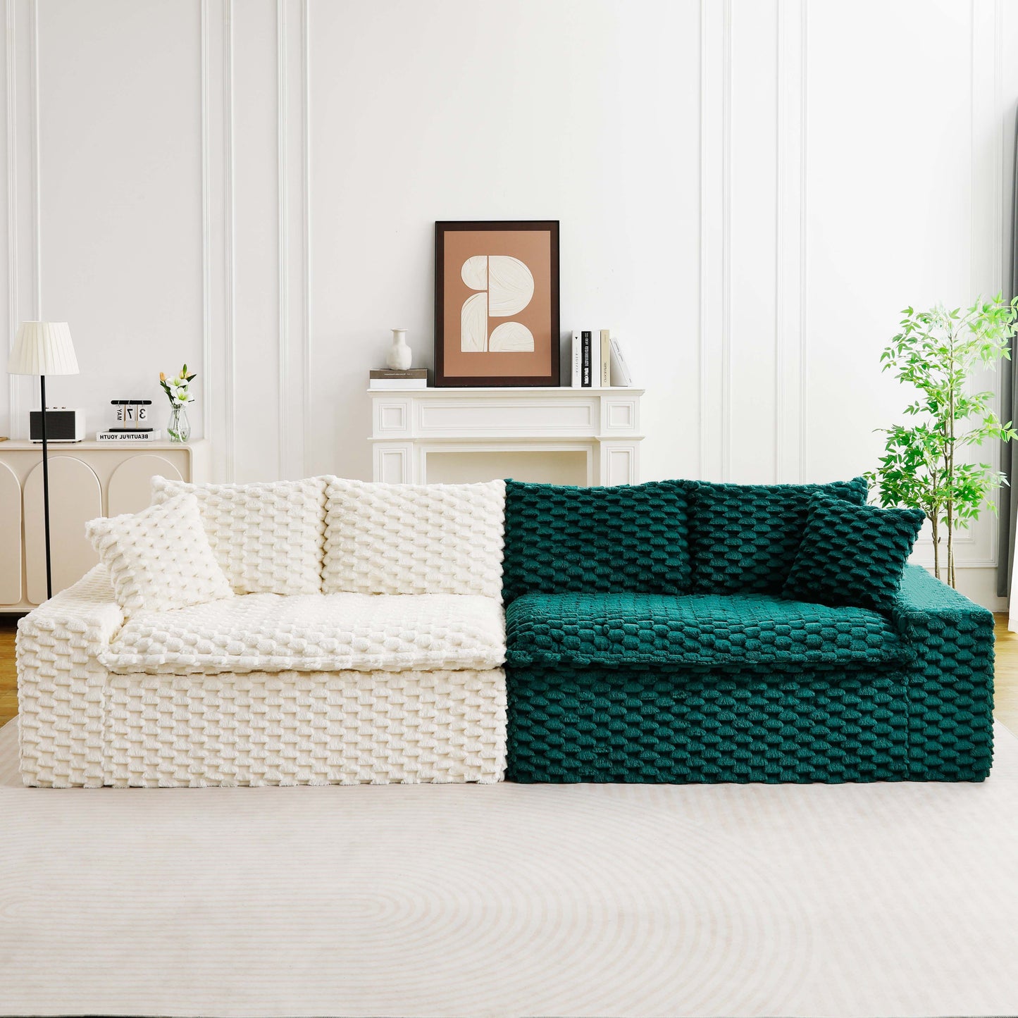 Multifunctional Color-Block Velvet Sofa - White & Green