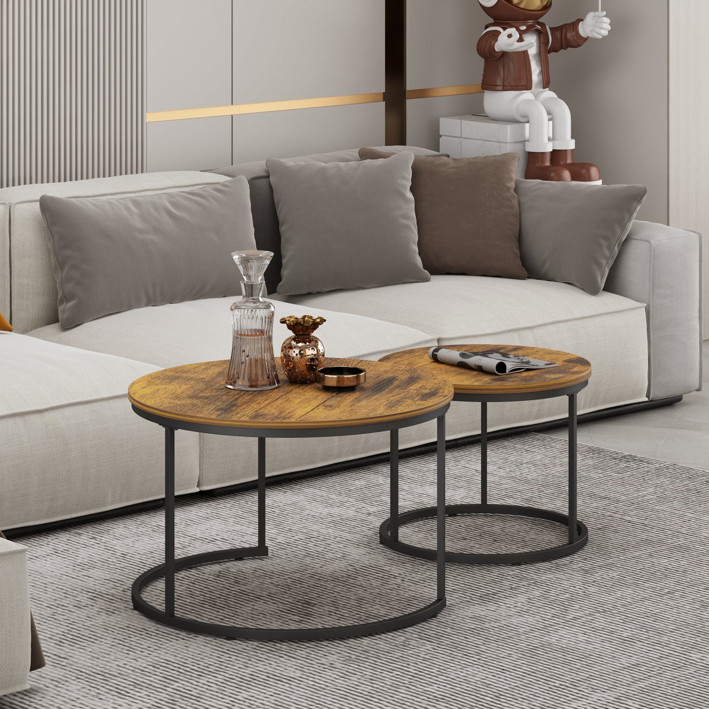 Nesting Coffee Table Set of 2 - Round Wood & Metal, Rustic Brown