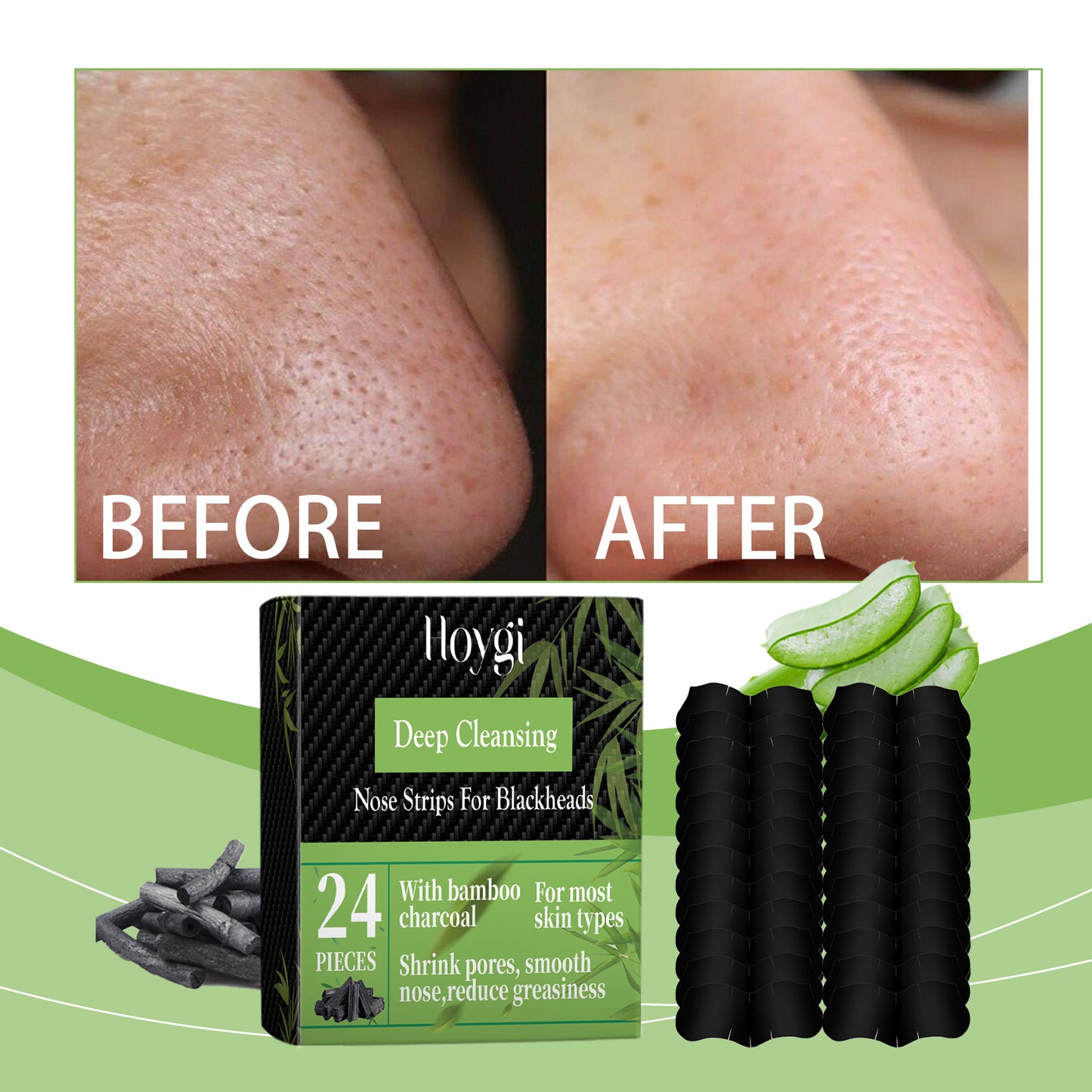 Bamboo Charcoal Blackhead Nose Pore Strips - 24 Piece Deep Cleansing Set