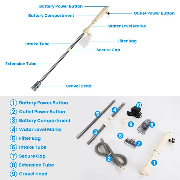 Electric Aquarium Gravel Cleaner Kit - Adjustable Fish Tank Vacuum with Accessories