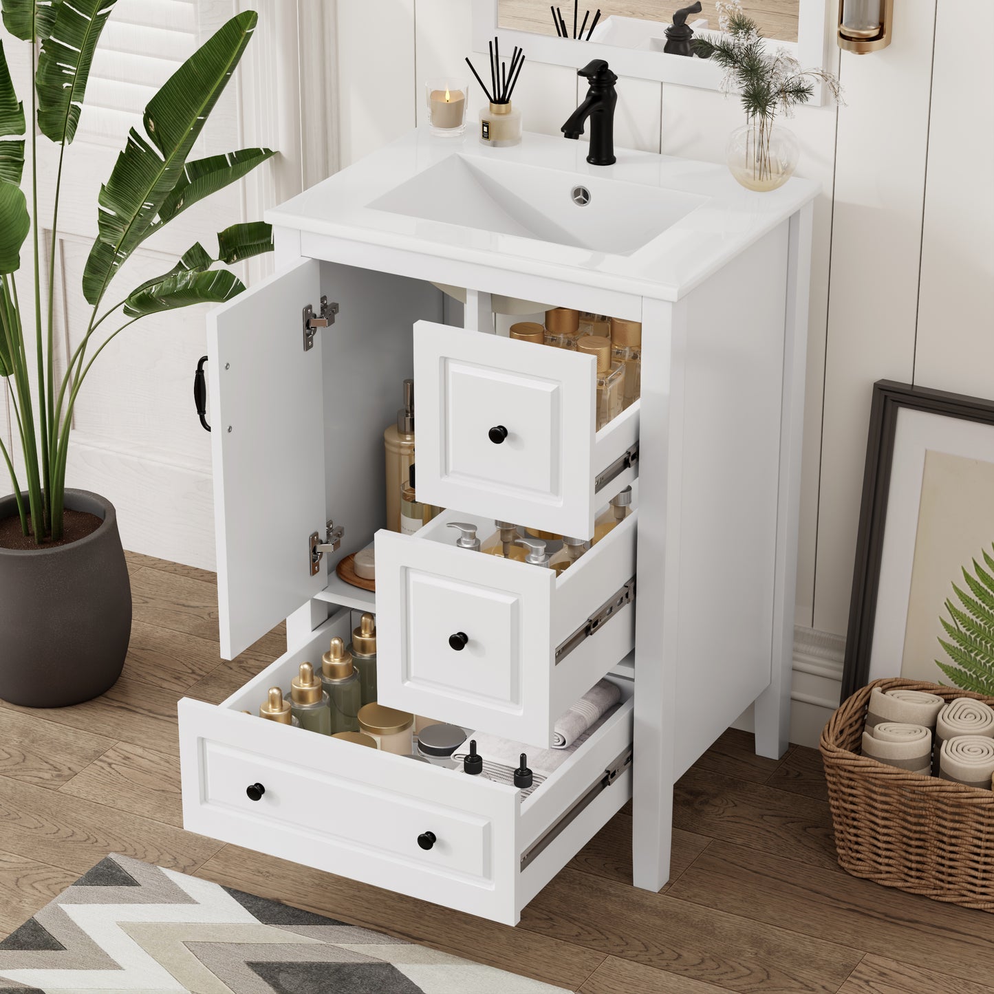 24 Inch Bathroom Vanity with Sink and Soft-Close Drawers - White