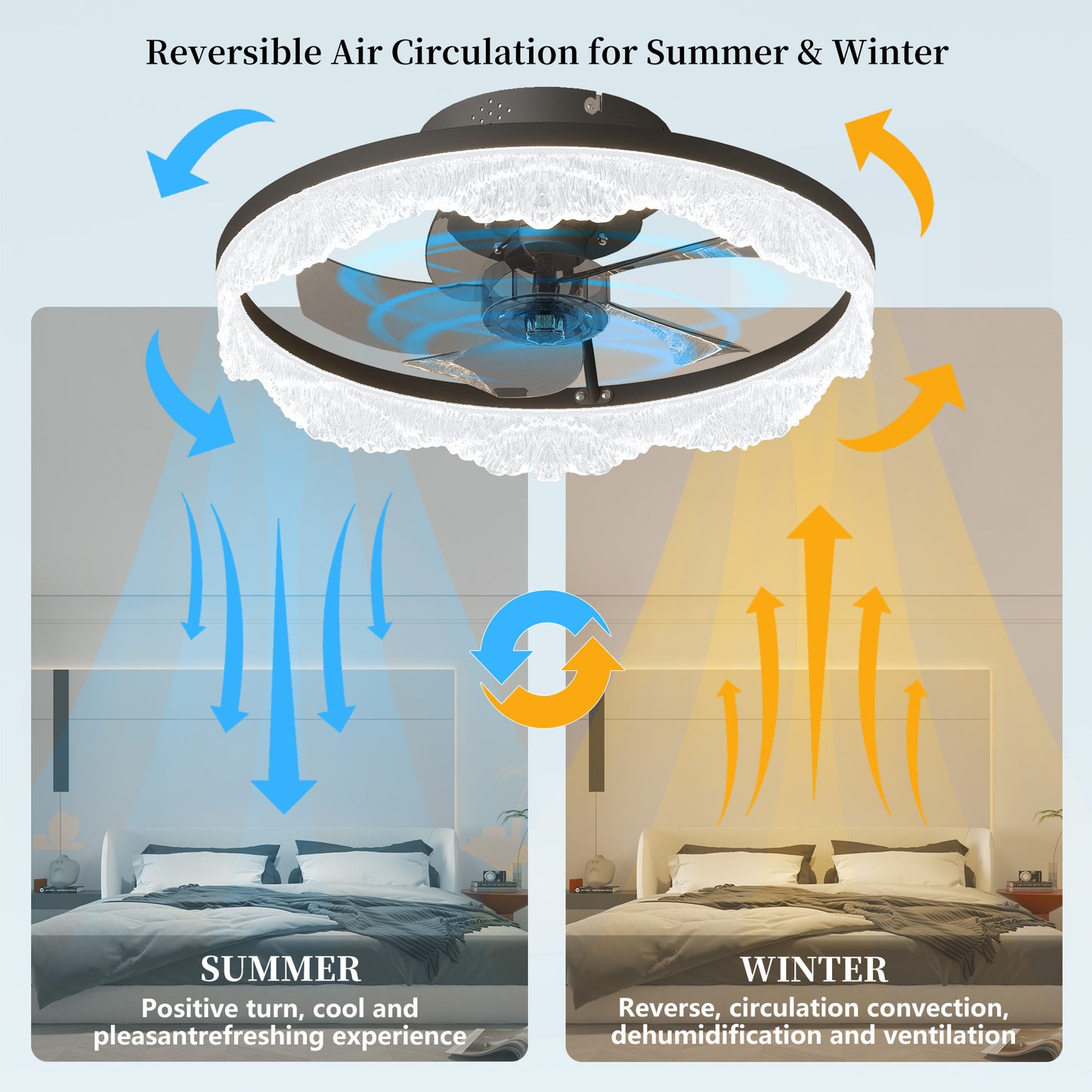 Modern LED Ceiling Fan Light with Crystal Acrylic Ring - Black