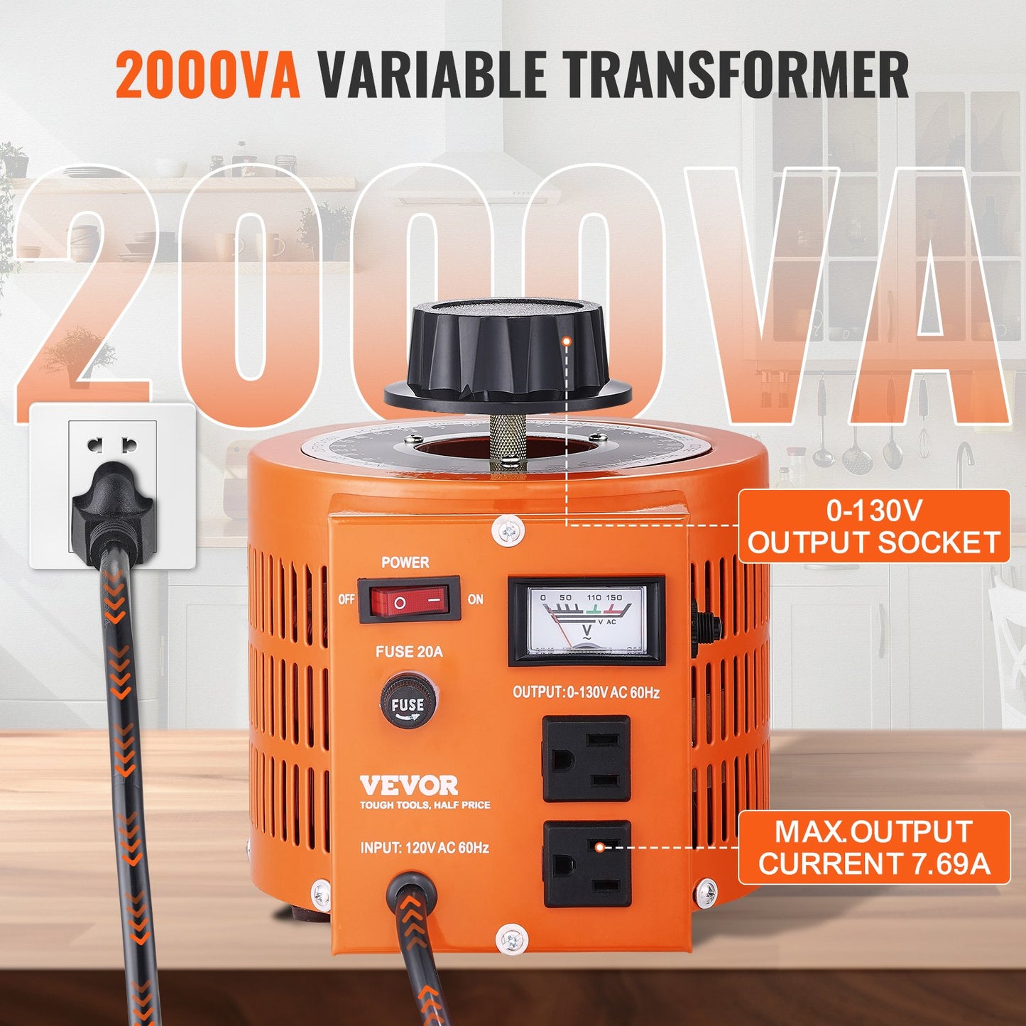 2000VA Variable Voltage Transformer Power Supply - 110V AC to 0-130V Adjustable Control