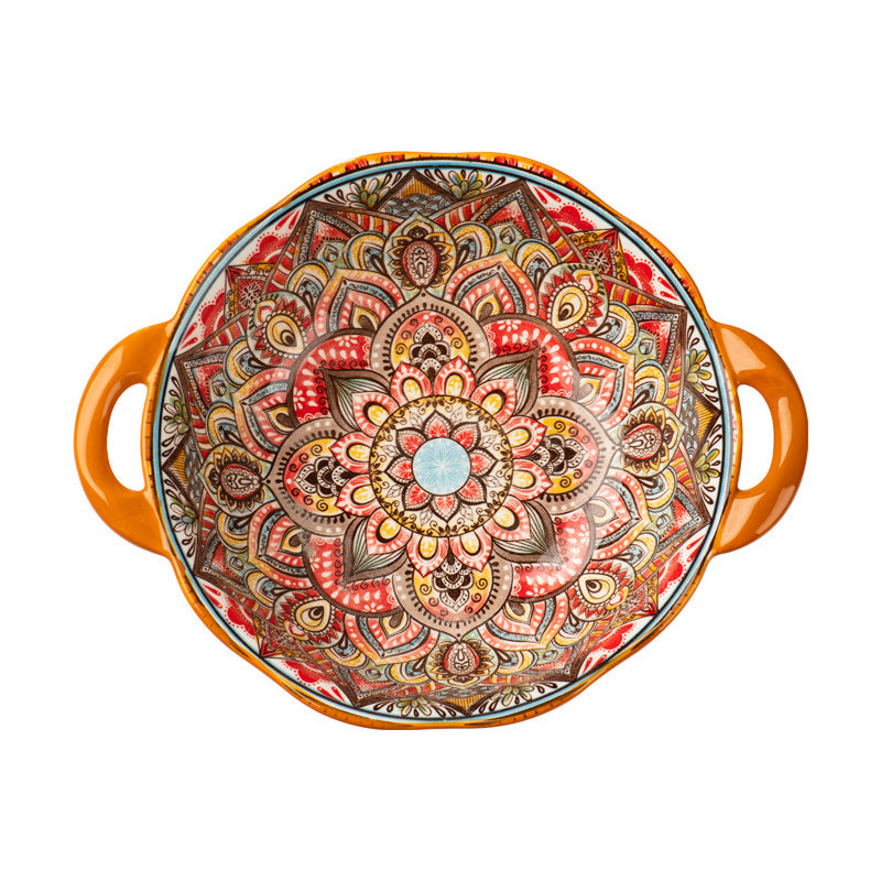 Ceramic Hand-Painted Flower Pattern Noodle Bowl with Double Handles - 950ML