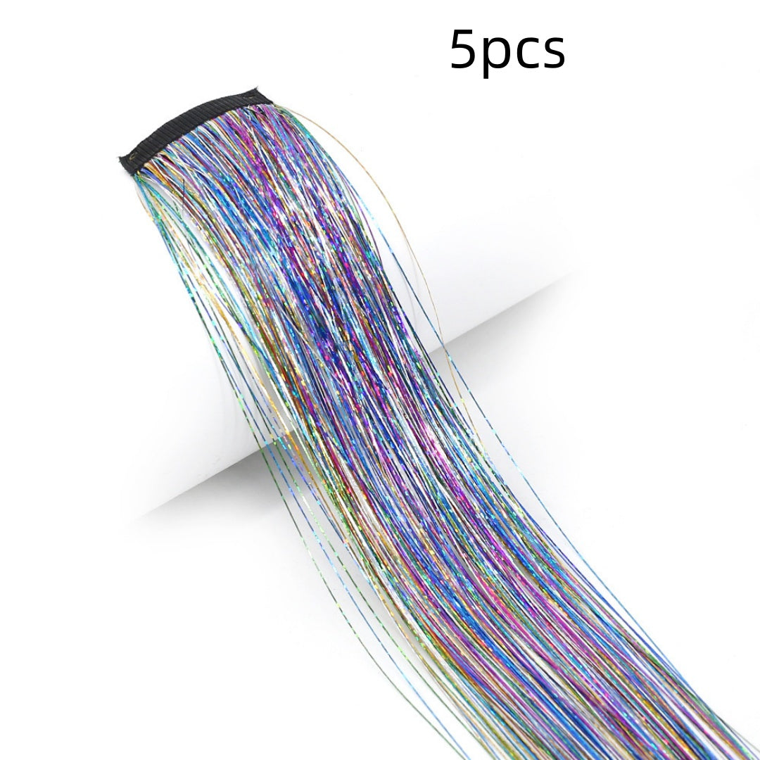 Clip-In Rainbow Hair Extensions - Long Synthetic Wig with Gold Thread