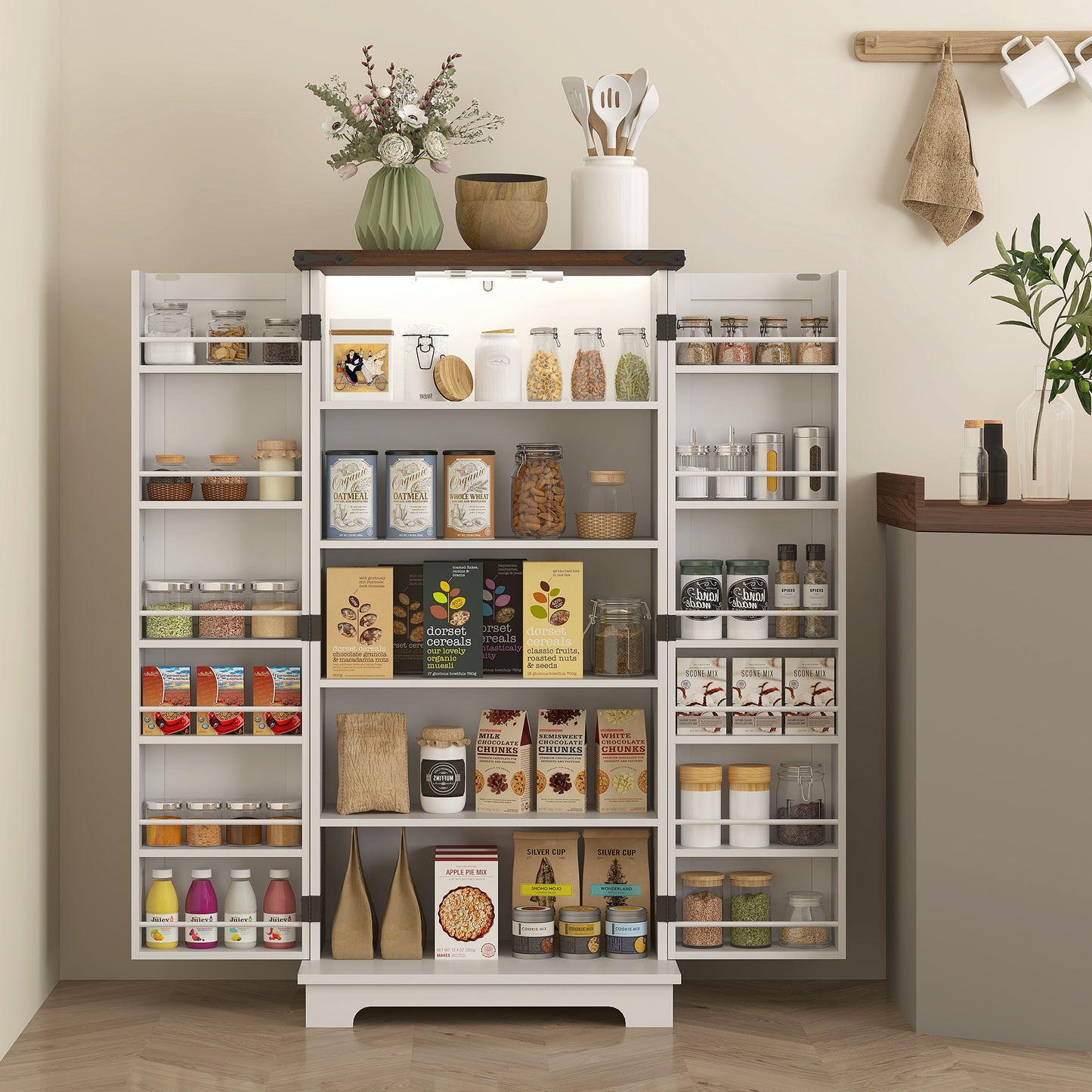 47" White Kitchen Pantry Cabinet with LED Light & Adjustable Shelves