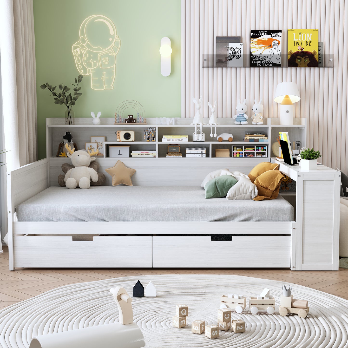 Wooden Full Size Daybed with Storage Drawers & Desk - Antique White