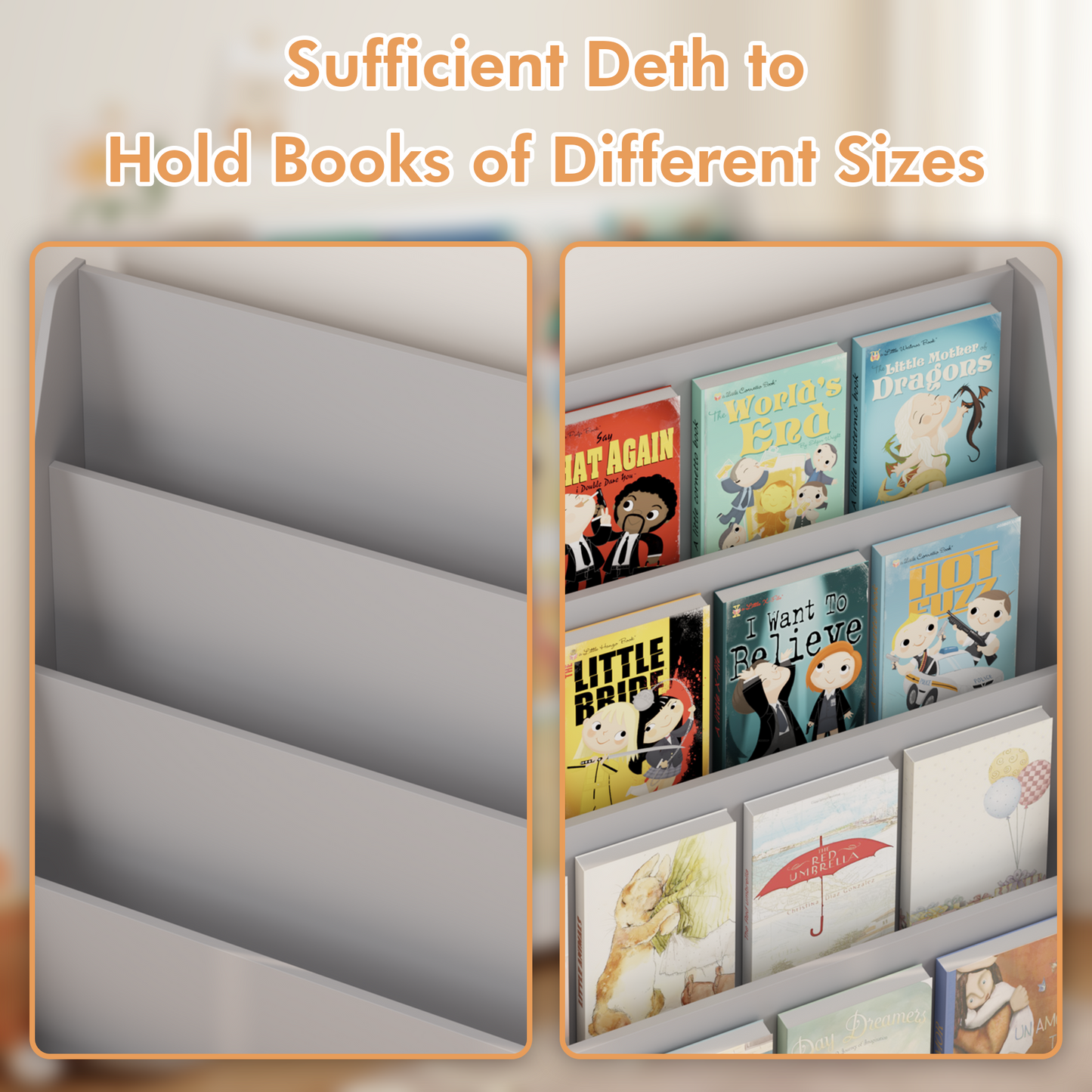 4-Tier Kids Bookshelf - Gray MDF Book Display for Bedrooms & Playrooms