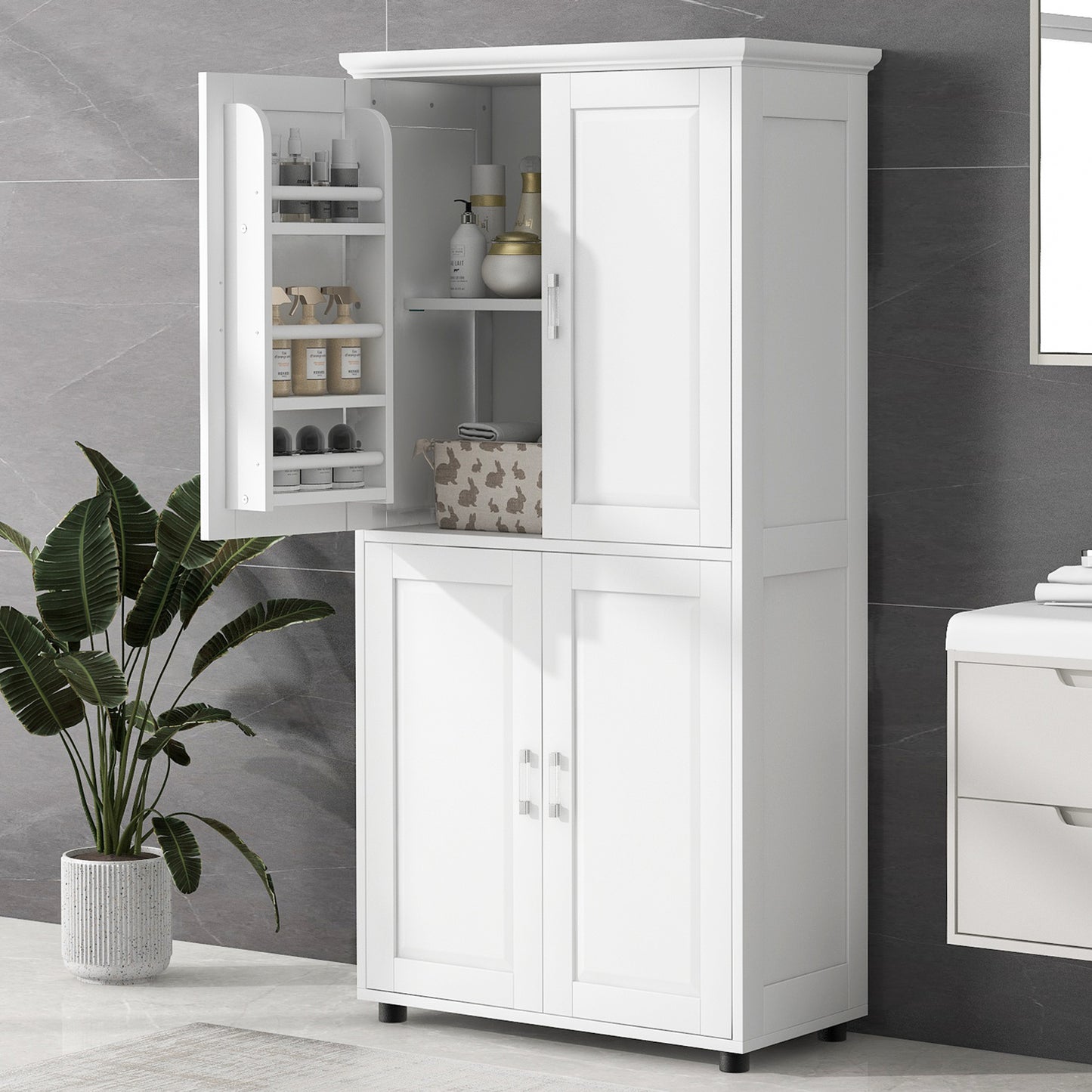 Tall Bathroom Storage Cabinet with 4 Doors & Adjustable Shelves - White