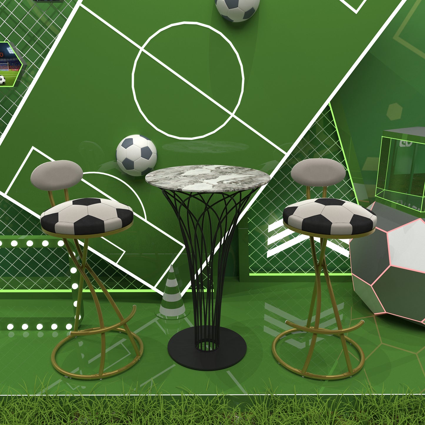 Football Print Bar Stools Set of 2 - Gold & Creamy White