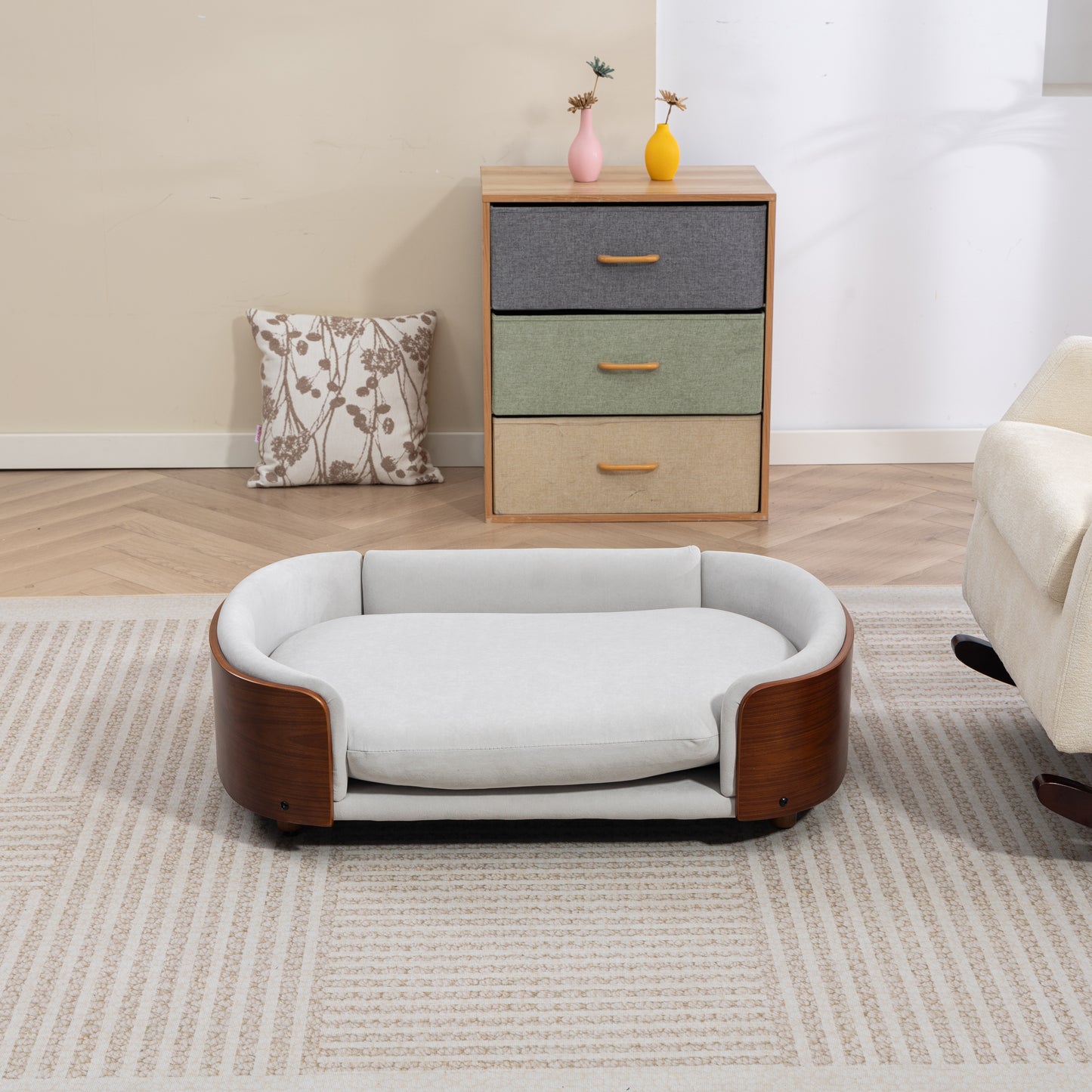 Large Elevated Dog Bed with Velvet Cushion and Solid Wood Legs - Scandinavian Style Pet Sofa