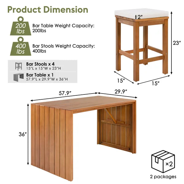 5-Piece Outdoor Bar Set with Cushions - Acacia Wood Table & Stools