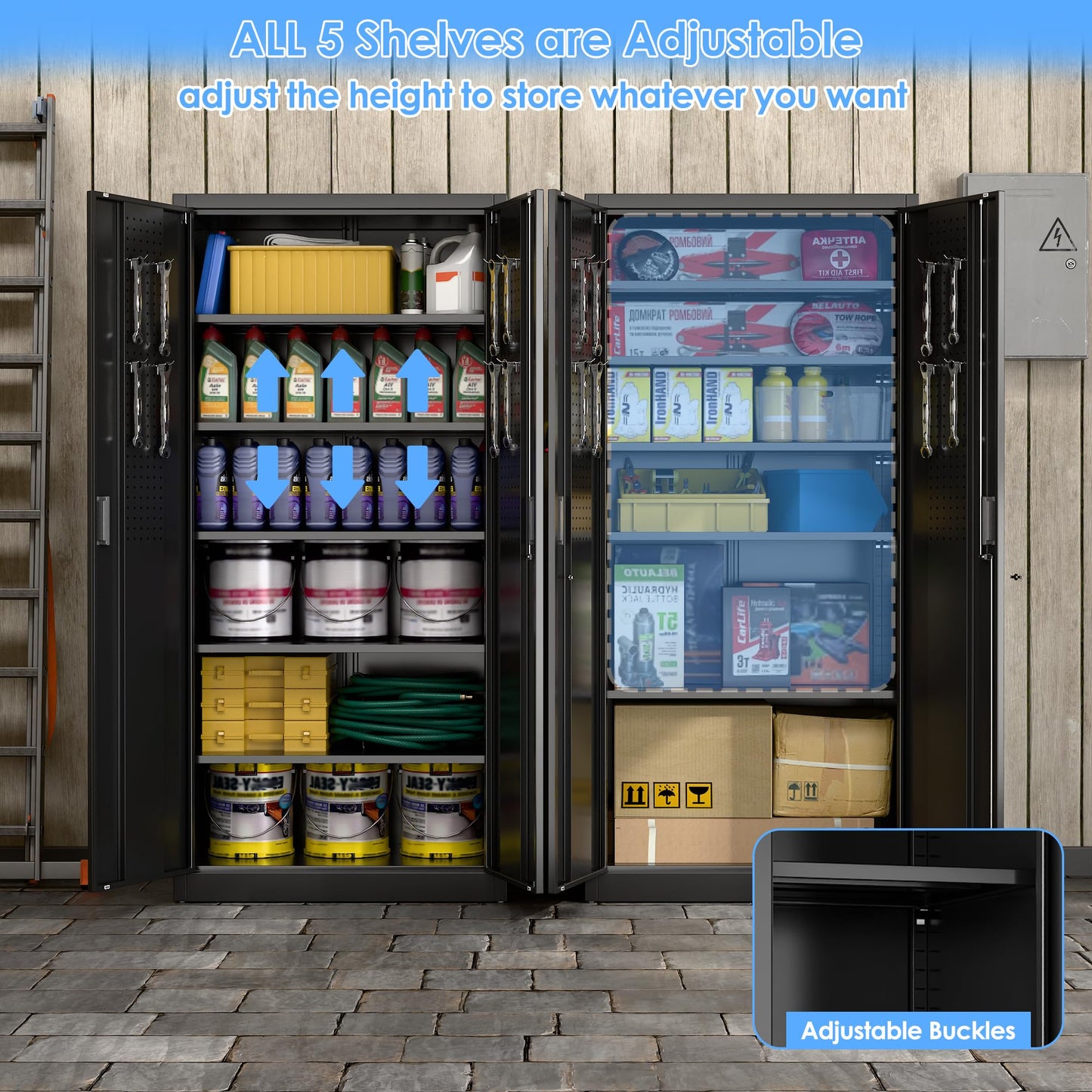 Locking Garage Storage Cabinet with 5 Adjustable Shelves - Black