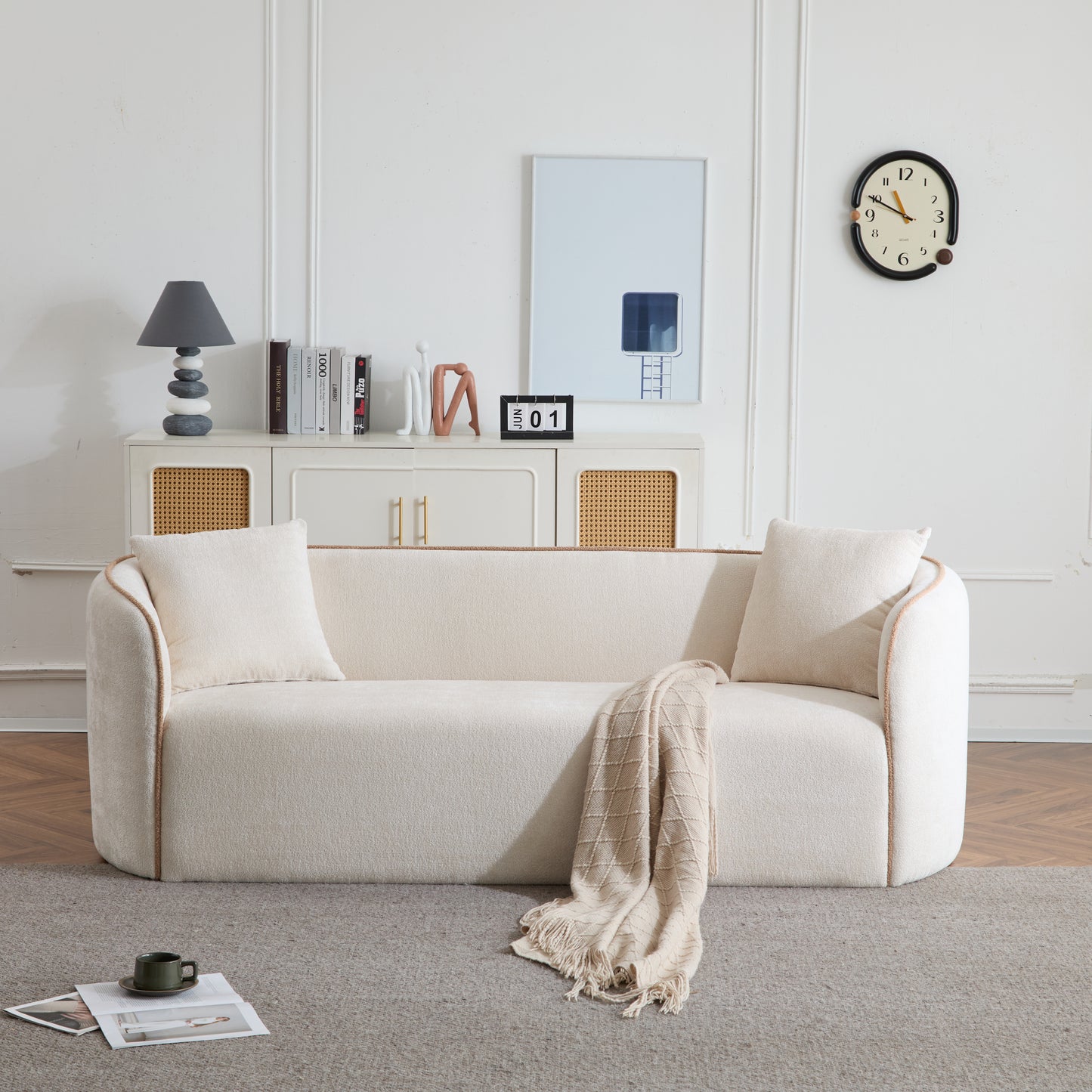 82" Curved Boucle Sofa - 3-Seater, Beige for Living Room & Office