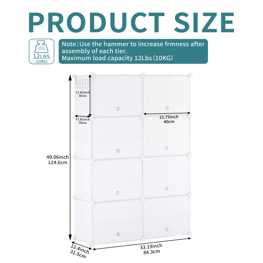 8-Layer Shoe Storage Cabinet with Doors - White, Stackable