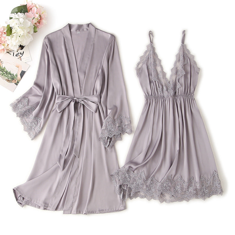 Women's Silk Pajamas Set with Lace - Summer Spring Sleepwear for Women
