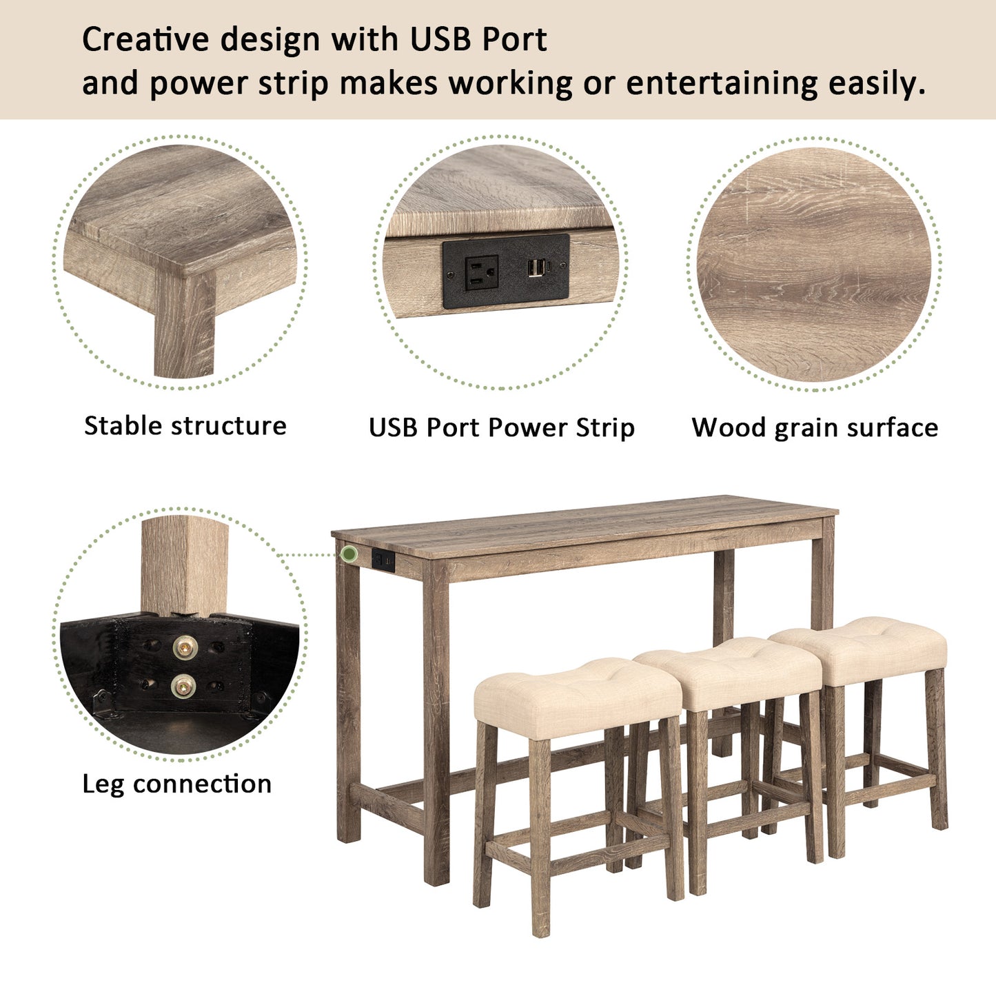 4-Piece Bar Table Set with Power Outlet and 3 Stools - Brown