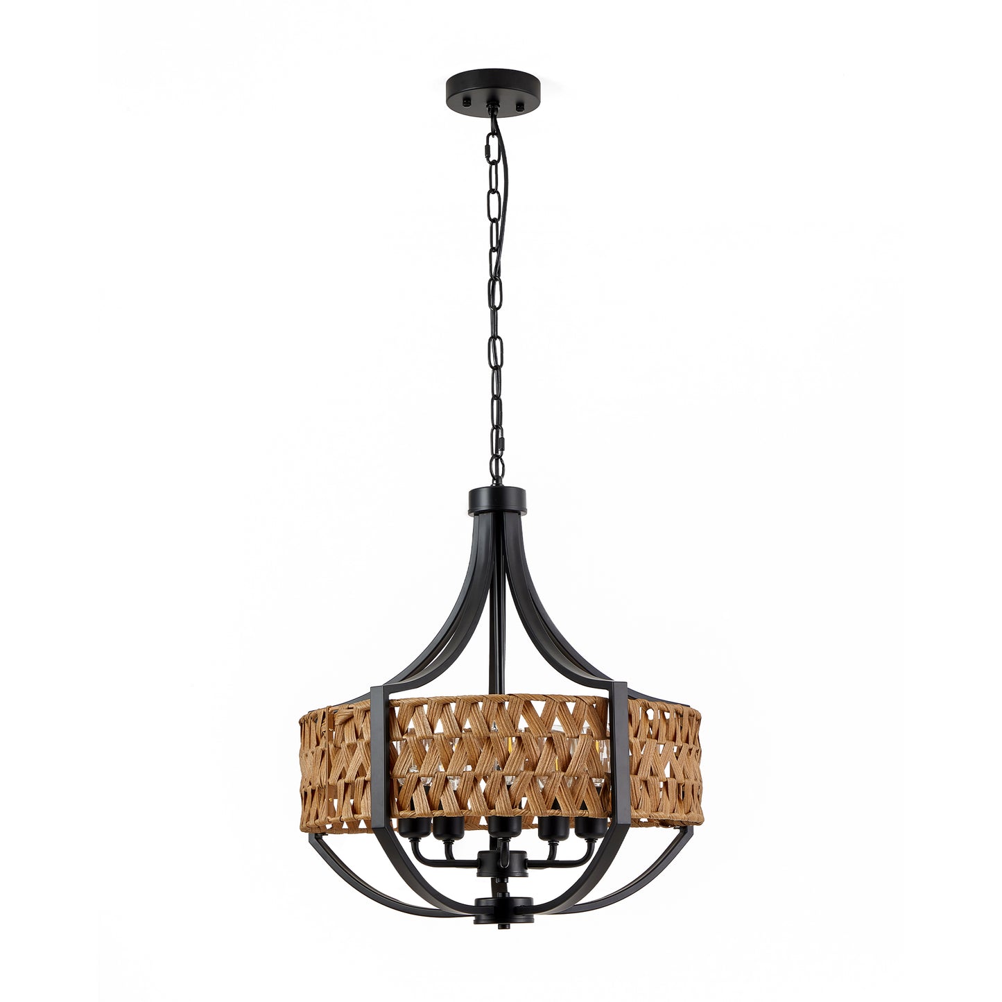 19.7-Inch Black Rattan Pendant Light with 5 LED Spotlights - Farmhouse Ceiling Chandelier for Dining & Living Rooms