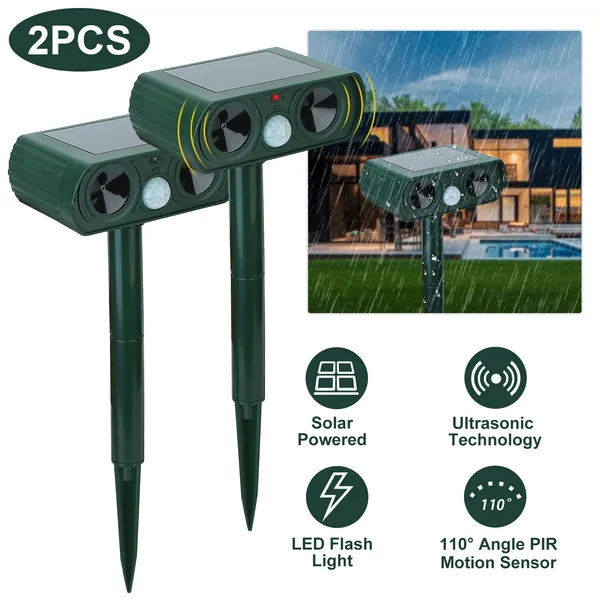 Solar Ultrasonic Animal Repeller for Garden Pest Control - 2 Pack