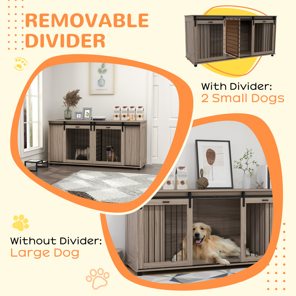 71-Inch Modern Dog Kennel with Storage & Removable Divider - Walnut