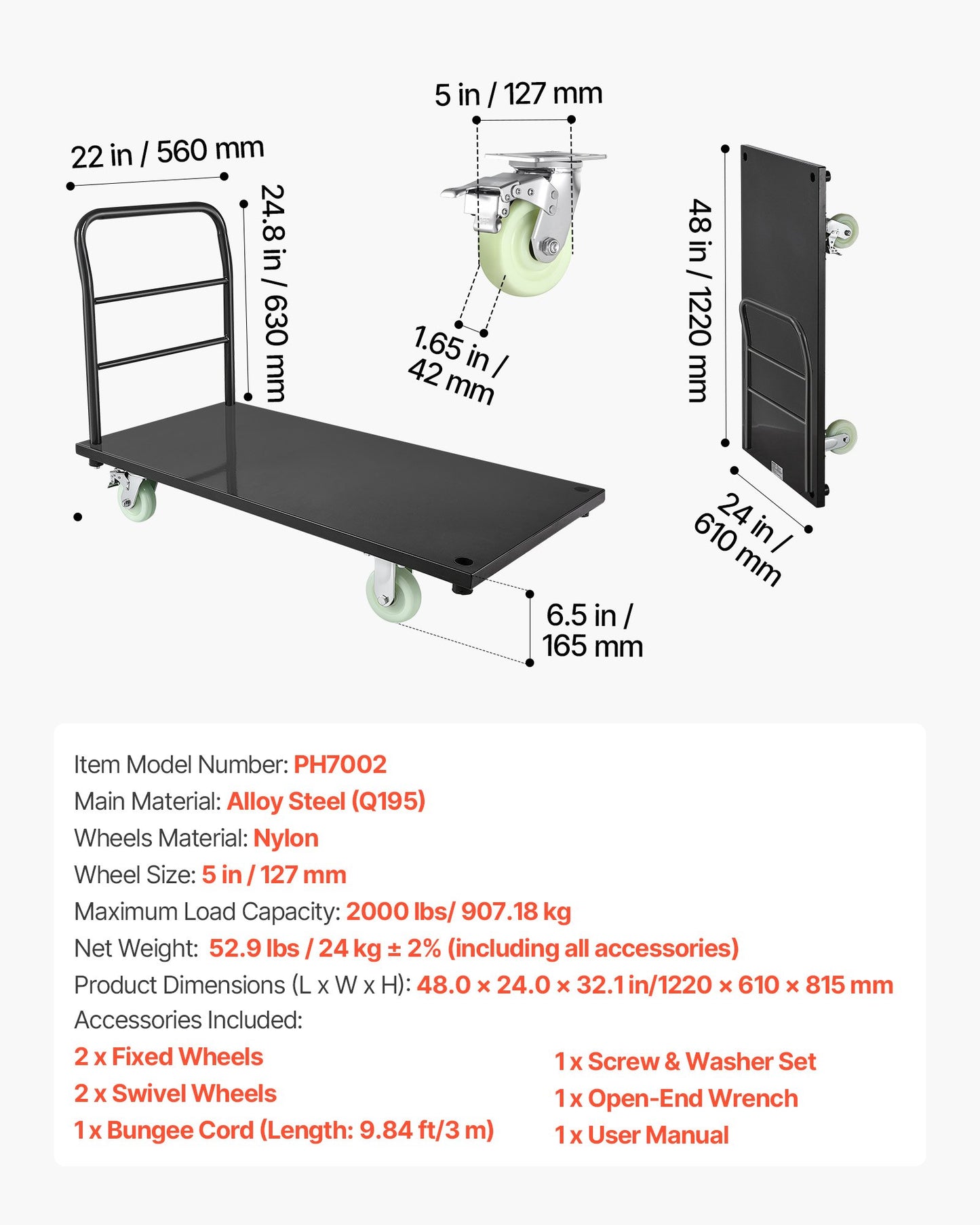 Heavy Duty Platform Truck - 2000 Lb Capacity Steel Flatbed Cart with Swivel Wheels
