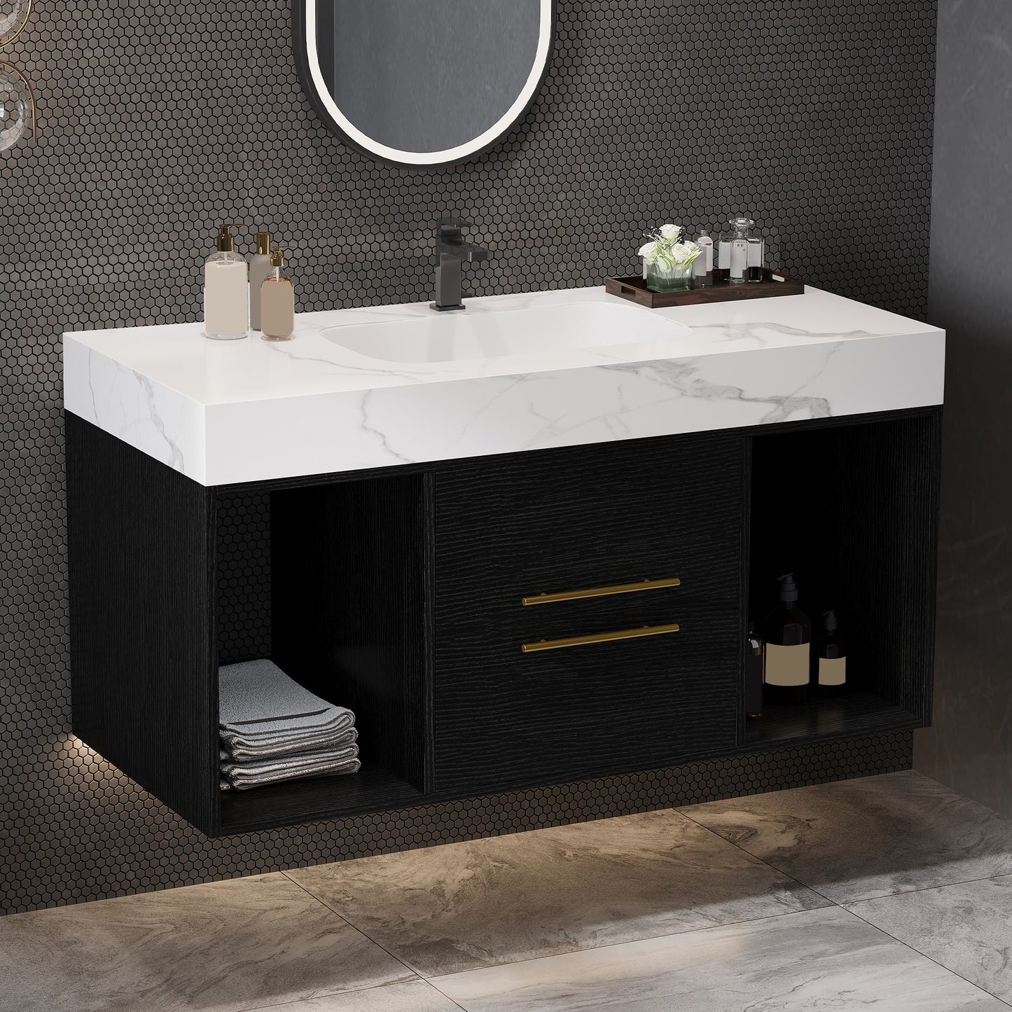 39.4" Modern Floating Bathroom Vanity with Ceramic Sink - White & Black