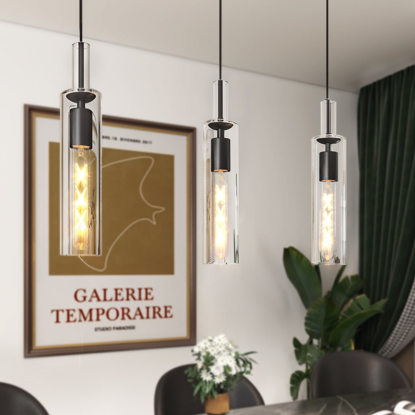 Modern Adjustable Black Glass Pendant Light - 3 Pack