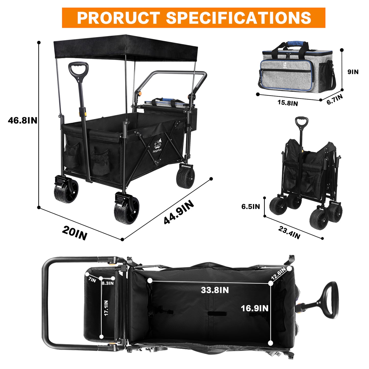 Collapsible 140L Folding Wagon with Canopy & Cooler Bag - Black