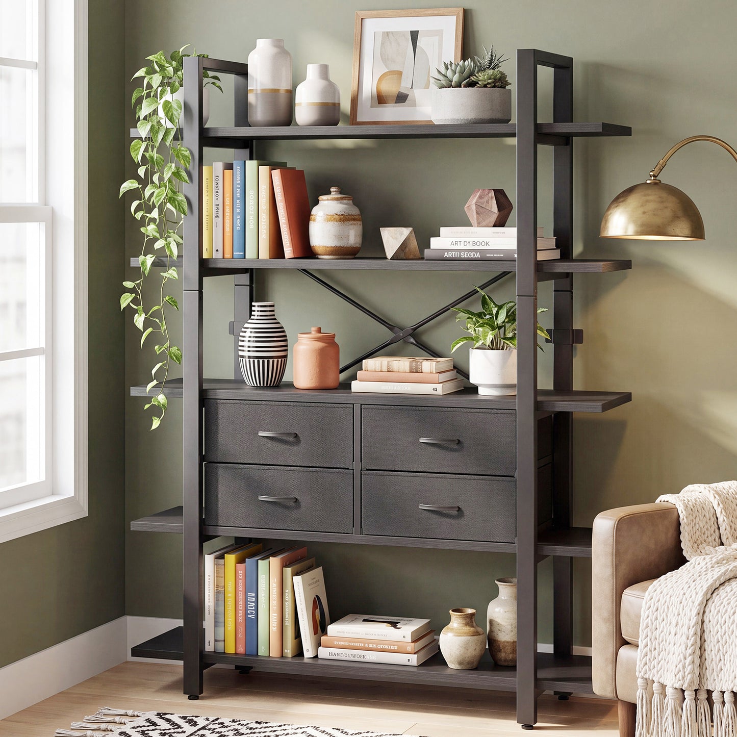 5-Tier Industrial Bookshelf with 4 Drawers - Open Display Bookcase