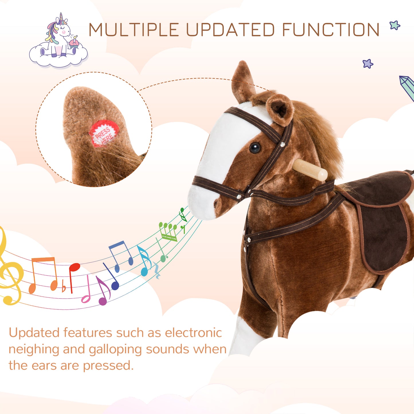 Plush Rocking Horse for Kids with Realistic Sounds - Brown