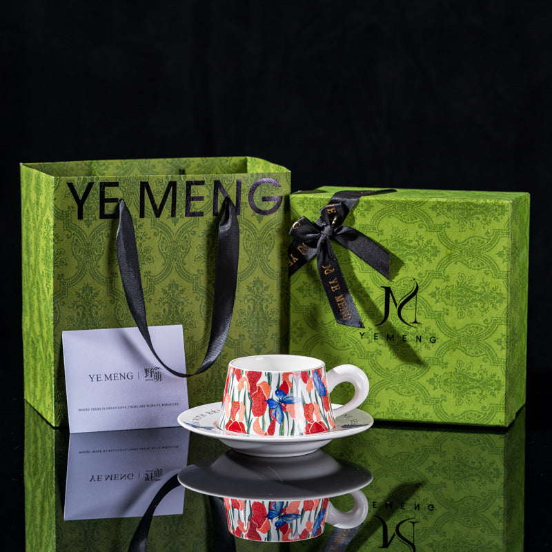 Elegant Iris Flower Ceramic Coffee Cup Set with Gift Box - Multiple Styles & Sizes