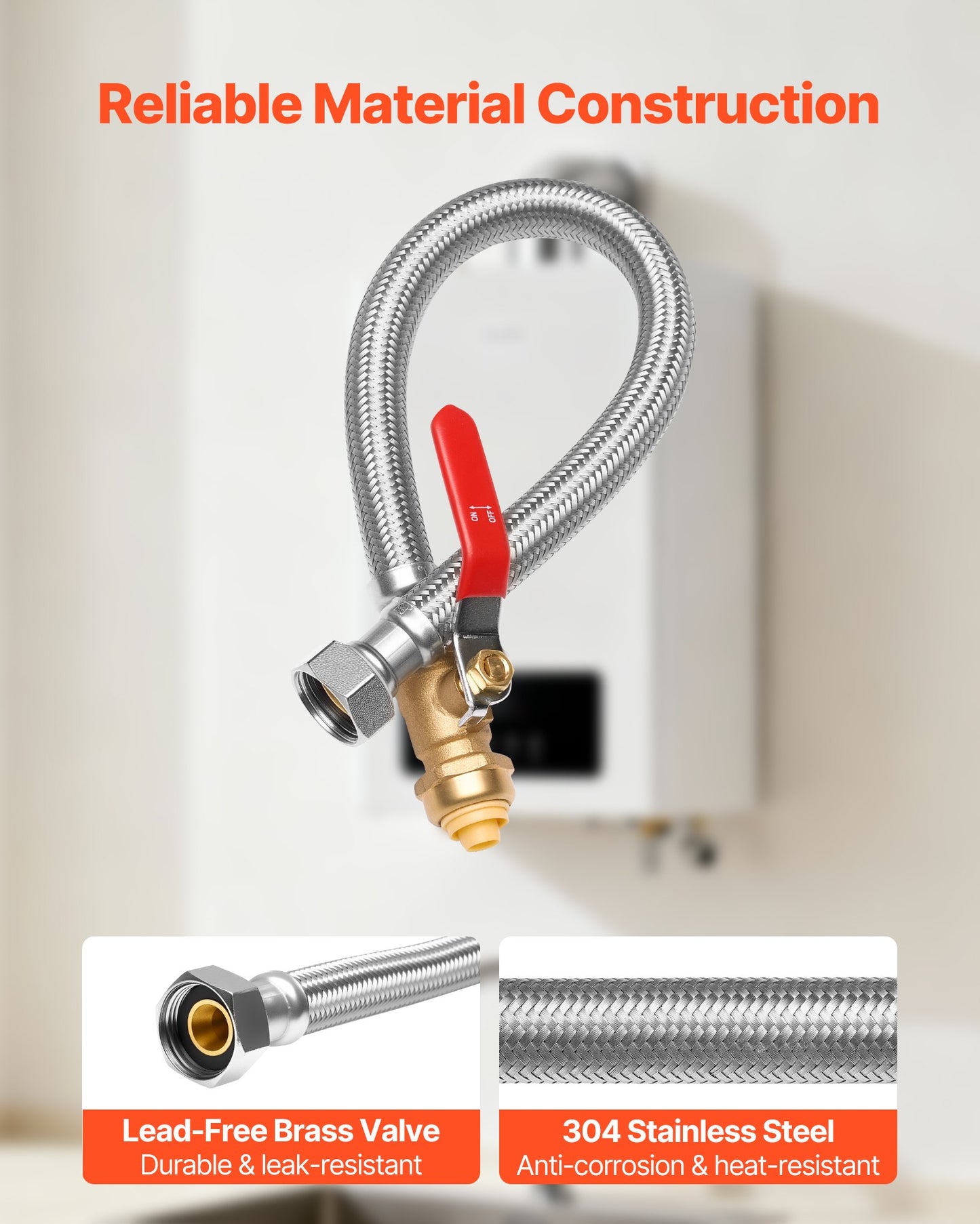 Water Heater Push-Fit Valve Connector Kit - Stainless Steel Braided, 3/4" FIP to 1/2" PTC, Black