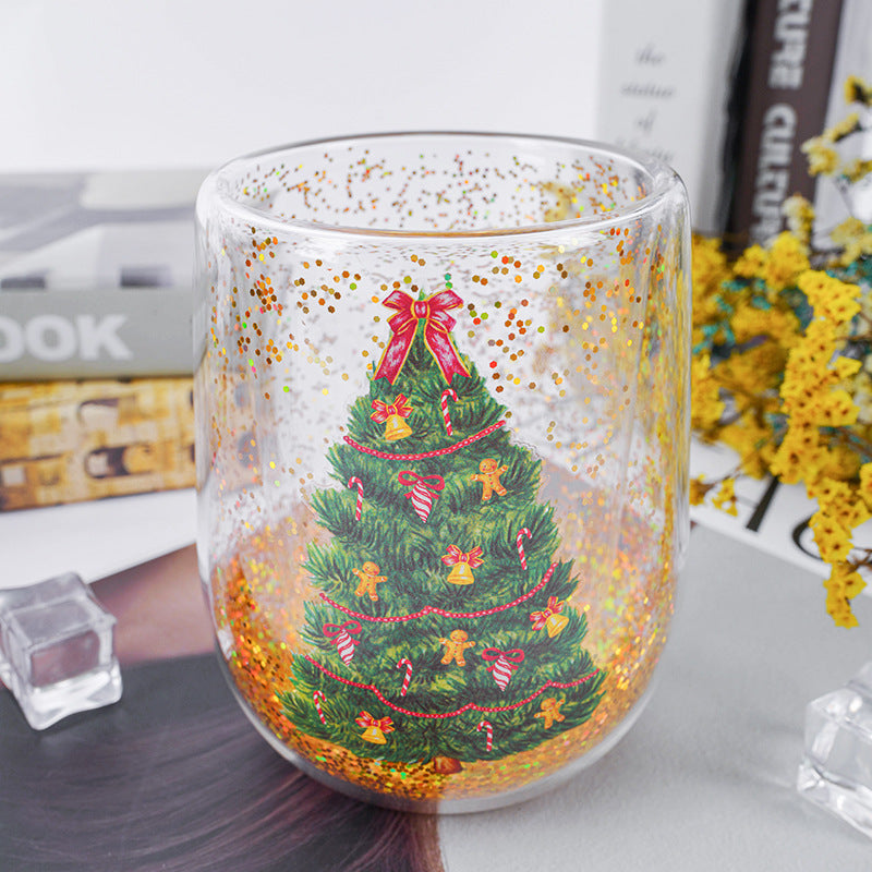 Christmas Tree Tumbler with Flowing Sequins Double Layer 380ML - Heat Resistant Holiday Drinkware