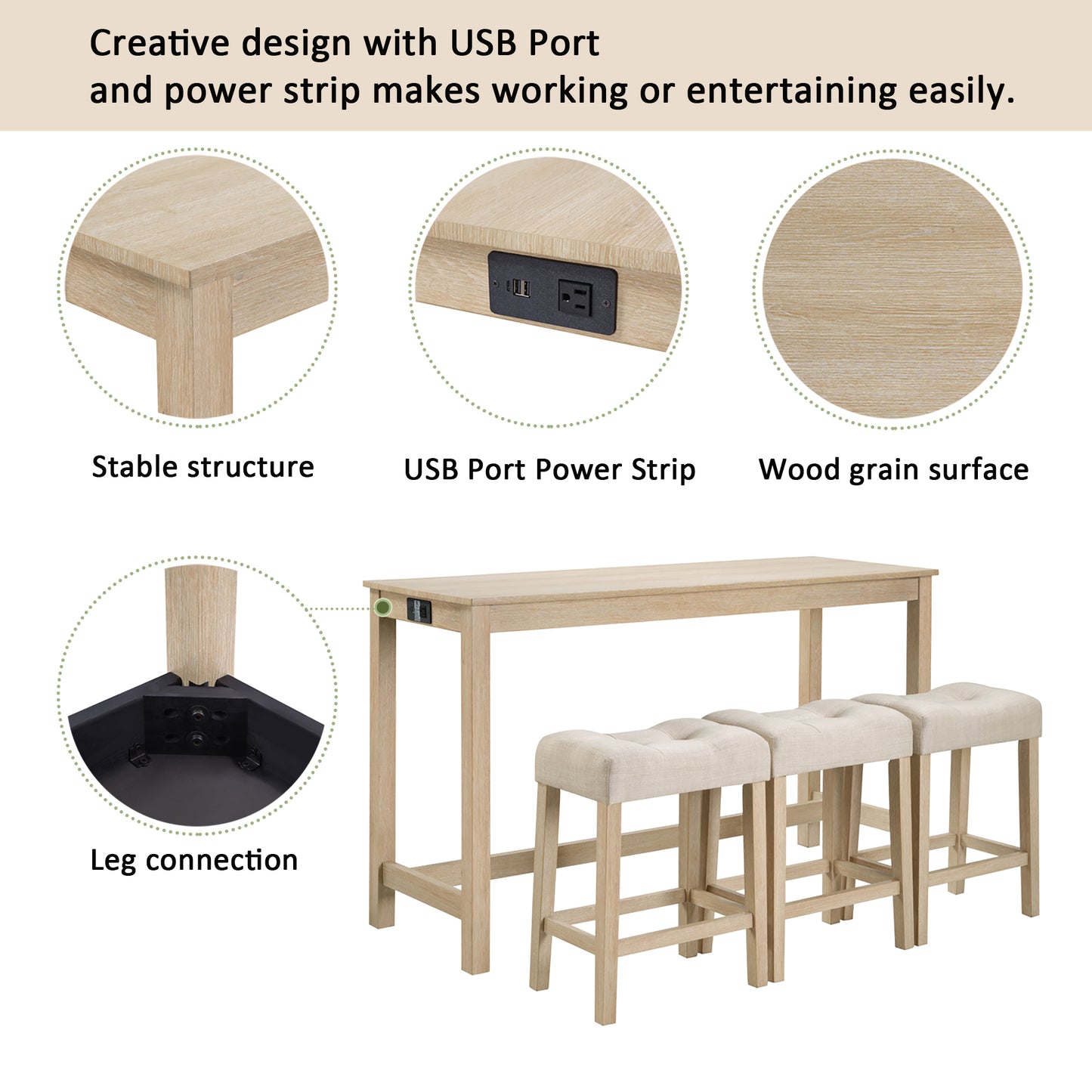 Bar Table Set with Power Outlet & 3 Stools - Light Oak