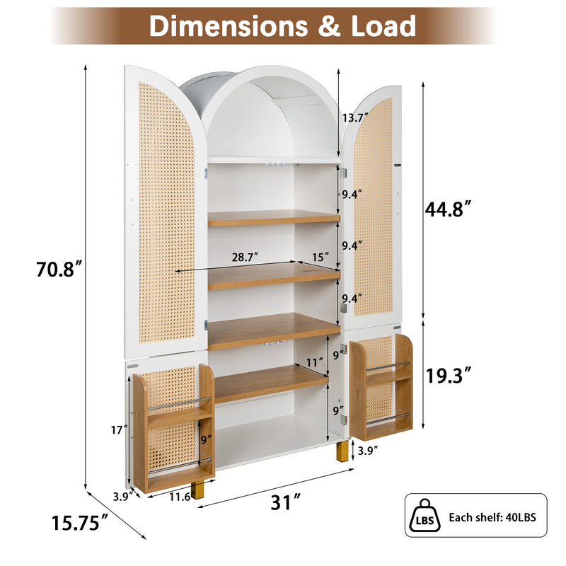 White Arched Rattan Cabinet with Adjustable Shelves - 4 Doors