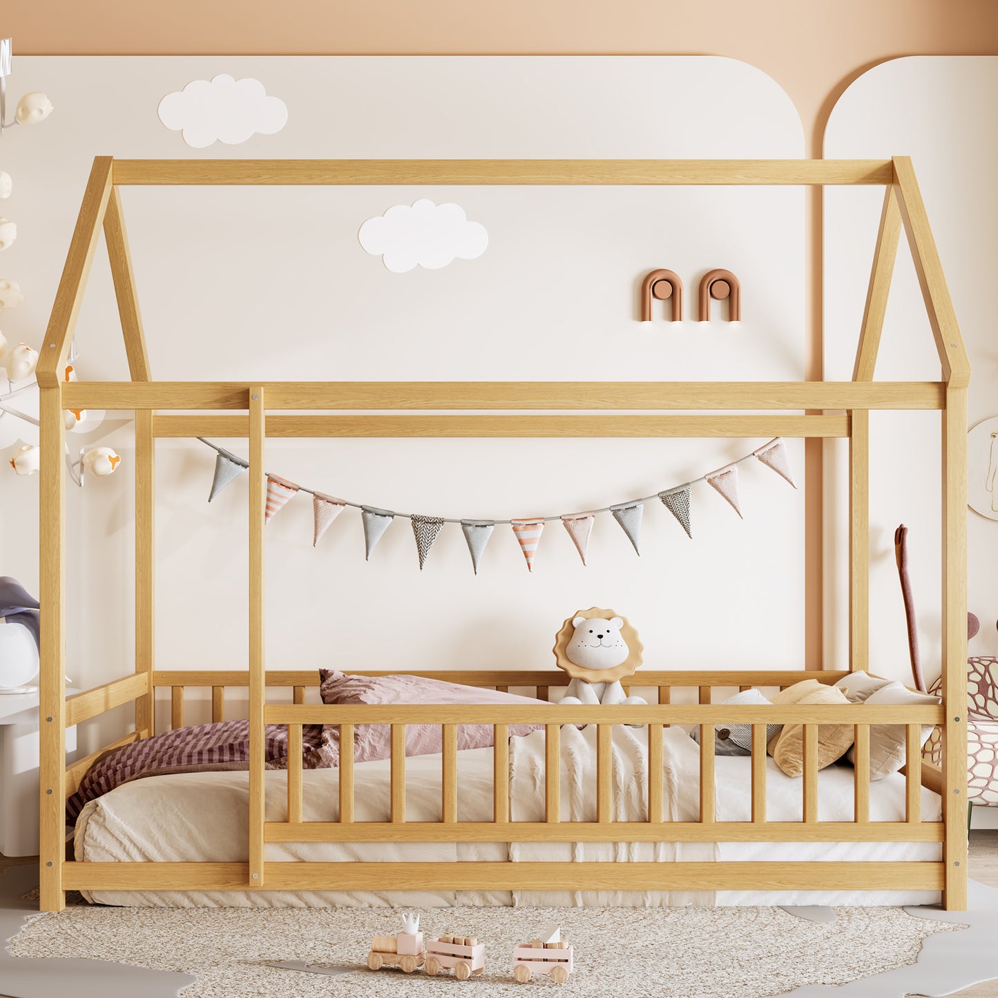 Twin Size Wooden Floor Bed with House Roof Frame - Natural