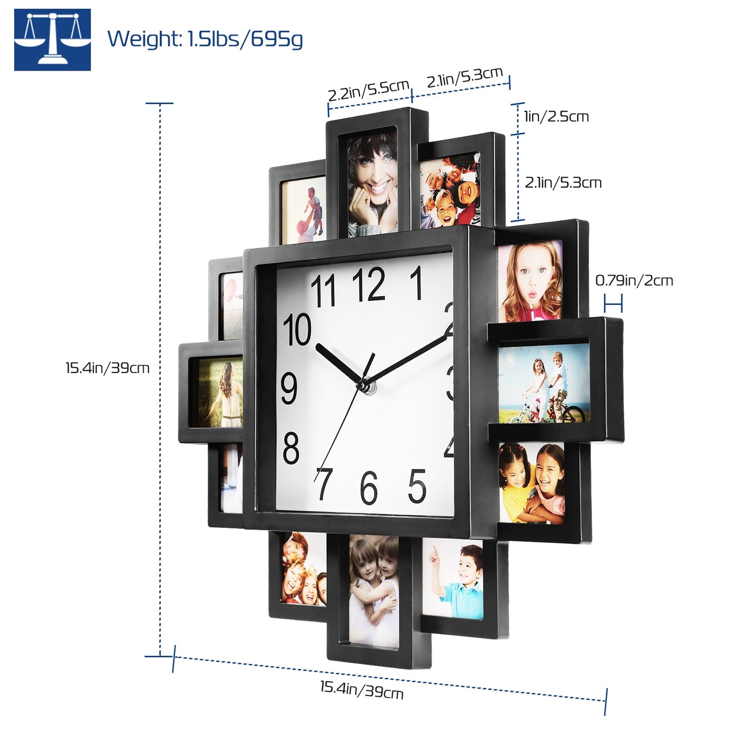 Photo Frame Wall Clock - 12 Picture Collage, Black