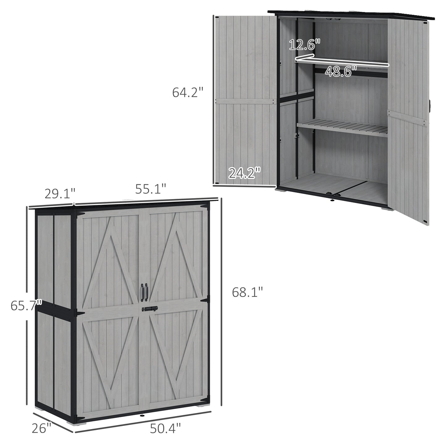 Wood Storage Shed, Outdoor Garden Shed With Asphalt Roof, 2 Shelves,