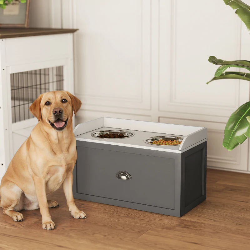 Elevated Pet Feeding Station with Storage - Large Dog Bowls, Gray