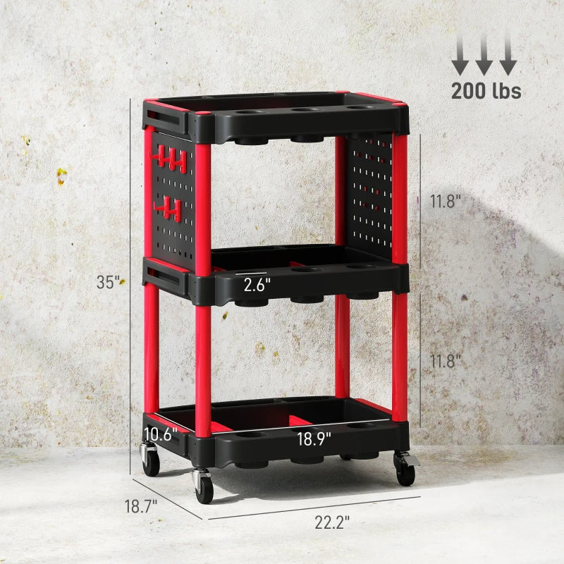 3-Tier Rolling Tool Cart - 200 LBS Capacity Plastic Utility Cart - Black & Red