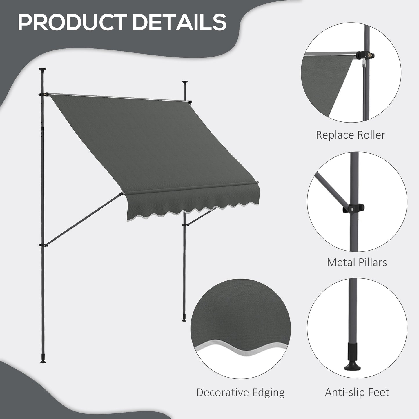 Manual Retractable Patio Awning - UV Resistant, Dark Gray