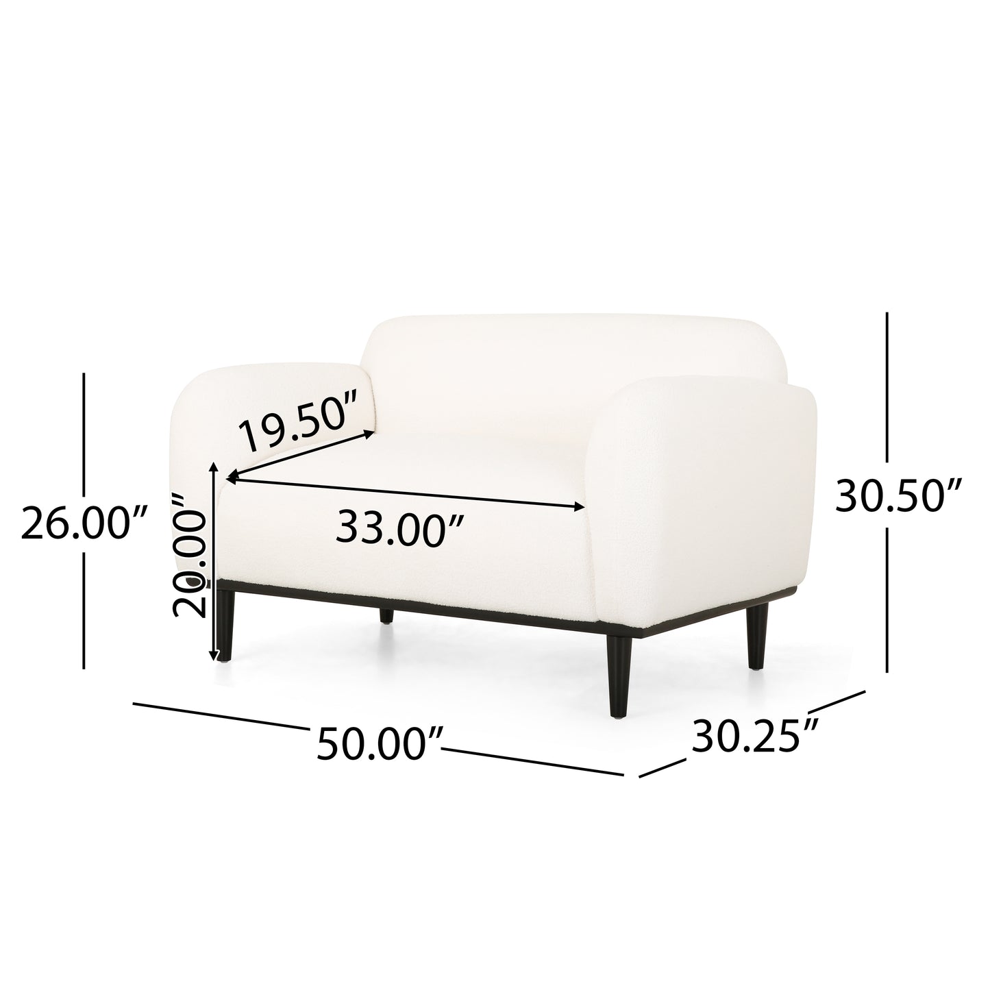 50-Inch White Boucle Loveseat Sofa with Black Legs