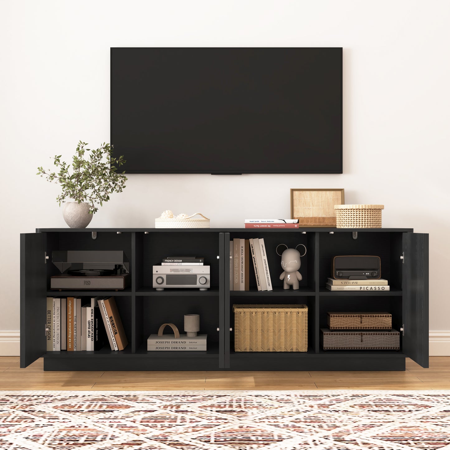 Buffet Storage Cabinet - 62.99" Wooden Sideboard with 4 Doors - Black