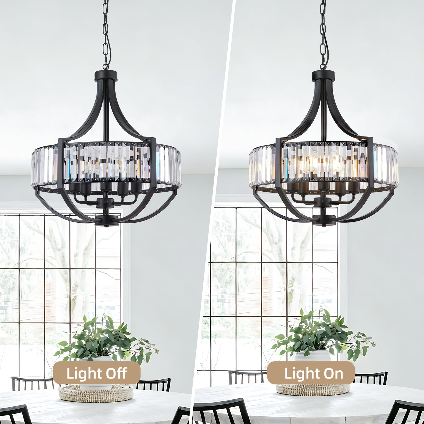 Black Farmhouse Crystal Pendant Chandelier - Modern 5-Light Ceiling Light Fixture