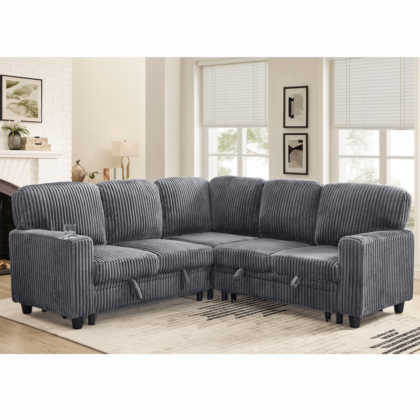 L-Shaped Sectional Sofa Bed with Storage & USB Charging - Grey