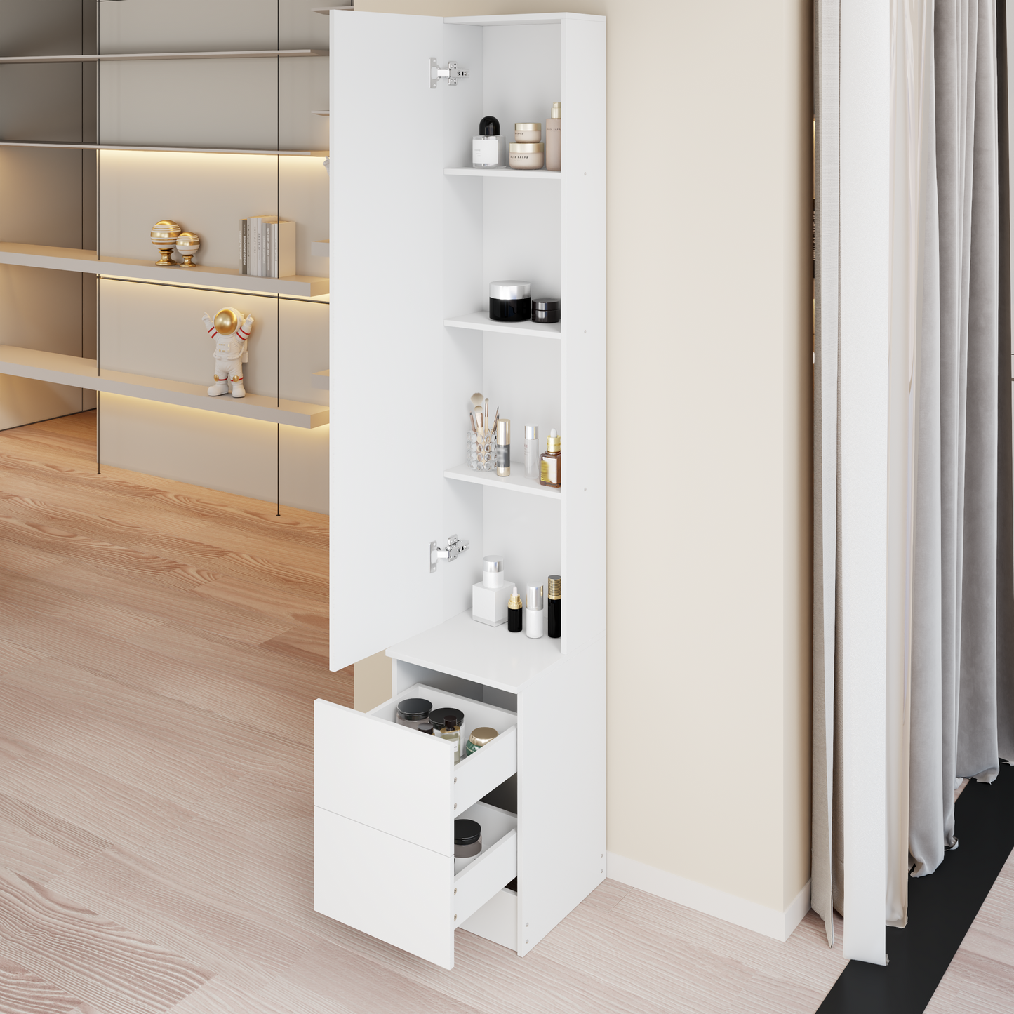Adjustable LED Dressing Mirror Cabinet - White, Multi-layer Storage